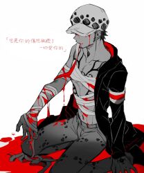 Rule 34 | 1boy, bandaged arm, bandaged chest, bandages, blood, blood on face, blood on hands, blood splatter, bloody bandages, chest tattoo, coat, collarbone, commentary request, demorzel, denim, earrings, facial hair, facial mark, fur hat, goatee, hand tattoo, hat, highres, jeans, jewelry, mouth hold, one piece, pants, short hair, sitting, solo, tattoo, trafalgar law, traffic cone, translation request, wariza