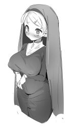 Rule 34 | 1girl, absurdres, breasts, highres, large breasts, monochrome, nun, ocha (popopogg), original, solo, veil, white background