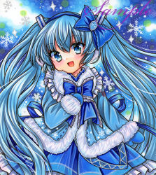 Rule 34 | 1girl, :d, blue background, blue bow, blue eyes, blue hair, blue jacket, blue mittens, blue ribbon, blue skirt, blue theme, blush, bow, bowtie, commentary, cowboy shot, crystal, frilled shirt collar, frills, fur-trimmed jacket, fur trim, hair between eyes, hair bow, hatsune miku, jacket, long hair, long sleeves, looking at viewer, marker (medium), mittens, open mouth, ribbon, rui (sugar3), sample watermark, skirt, smile, snowflakes, solo, sparkle, standing, traditional media, twintails, very long hair, vocaloid, watermark, yuki miku, yuki miku (2012)