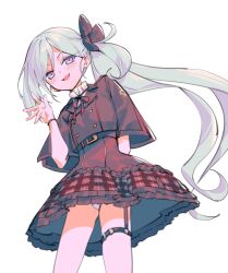 Rule 34 | 1girl, absurdres, arm behind back, blue archive, blush, grey hair, hair ornament, highres, long hair, looking at viewer, mutsuki (blue archive), open mouth, panties, pantyshot, plaid, plaid skirt, ponytail, purple eyes, side ponytail, simple background, skirt, solo, thigh strap, underwear, very long hair, white background, white panties, yu1 na12