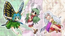 Rule 34 | 3girls, :3, animal ears, antennae, aqua hair, arms up, bare shoulders, barefoot, black eyes, blue hair, butterfly wings, chamaji, closed mouth, cloud print, collared shirt, colored sclera, commentary request, curly hair, detached sleeves, dotted background, dress, eternity larva, from side, full body, geta, gradient hair, green hair, green sclera, grin, hair between eyes, hair ornament, hands up, hatchet, hidden star in four seasons, highres, holding, holding weapon, horns, insect wings, kariyushi shirt, komano aunn, leaf, leaf hair ornament, leaning forward, long hair, looking at viewer, looking back, multicolored clothes, multicolored dress, multicolored hair, multiple girls, nata (tool), open mouth, outstretched arms, paw pose, red eyes, red shirt, sakata nemuno, shirt, short hair, short sleeves, shorts, silver hair, single horn, skirt, smile, spread arms, squatting, touhou, very long hair, weapon, wings