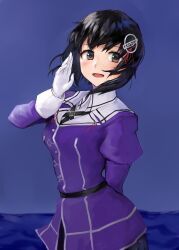 Rule 34 | 1girl, 73suke, absurdres, arm behind back, black hair, blush, breasts, brown eyes, commentary request, gloves, haguro (kancolle), haguro kai ni (kancolle), hair ornament, highres, jacket, kantai collection, long sleeves, looking at viewer, military uniform, open mouth, purple jacket, short hair, solo, uniform, white gloves
