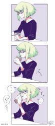 Rule 34 | 1boy, 3koma, angry, artist request, blonde hair, coffee, comic, drinking, glasses, green hair, highres, lio fotia, male focus, promare, purple eyes, solo, translation request
