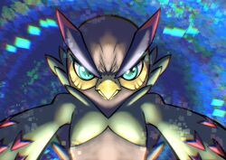 Rule 34 | beak, blue eyes, digimon, digimon (creature), digimon ghost game, digimon survive, falcomon, feathers, looking at viewer, parody