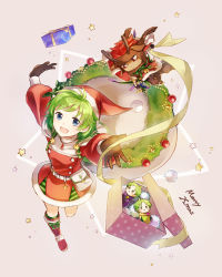 Rule 34 | 1boy, 1girl, absurdres, antlers, belt, blue eyes, boots, bow, box, brown eyes, brown gloves, brown hair, character doll, christmas ornaments, dress, fire emblem, fire emblem: the binding blade, fire emblem: the blazing blade, fire emblem heroes, fur trim, gift, gift box, gloves, green hair, hat, highres, horns, jaffar (fire emblem), jaffar (winter) (fire emblem), long sleeves, lugh (fire emblem), merry christmas, nino (fire emblem), nino (winter) (fire emblem), nintendo, open mouth, pom pom (clothes), raigh (fire emblem), red headwear, reindeer antlers, santa costume, santa hat, short hair, yuhkirby