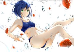 Rule 34 | 10s, 1girl, absurdres, bare arms, bare legs, bikini, blue bikini, blue hair, blurry, blush, breasts, collarbone, darling in the franxx, depth of field, feet out of frame, food, fruit, full body, green eyes, highres, ichigo (darling in the franxx), looking at viewer, name connection, navel, object namesake, short hair, small breasts, smile, solo, strawberry, swimsuit, takenoko 27074918, underwater, water