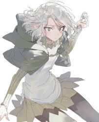 Rule 34 | 1boy, androgynous, black eyes, capelet, closed mouth, dungeon meshi, elf, hair flowing over, highres, male focus, maratang, medium hair, mithrun, pointy ears, shirt, simple background, solo, white background, white hair, white shirt
