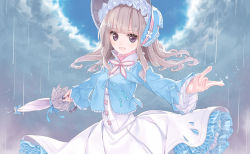 Rule 34 | 1girl, :d, amamiya chiharu, blue hat, blue jacket, blue sky, blush, bonnet, breasts, closed umbrella, cloud, cloudy sky, commentary request, day, dress, hat, holding, holding umbrella, jacket, light brown hair, long hair, long sleeves, looking at viewer, medium breasts, open mouth, original, outdoors, outstretched arms, purple eyes, rain, sky, smile, solo, umbrella, white dress, white umbrella