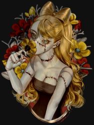 Rule 34 | 1girl, bare shoulders, black background, black dress, blonde hair, blood, blue eyes, bow-shaped hair, breasts, cleavage, colored eyelashes, covered mouth, doll joints, dress, eyeshadow, floral background, flower, flower over mouth, geti pp, halloween, hand up, highres, holding, holding flower, joints, long hair, looking at viewer, makeup, medium breasts, original, outside border, pale skin, pointy ears, ponytail, red flower, scar, scar on face, smelling flower, solo, stitched arm, stitched face, stitches, strapless, tight clothes, tight dress, wavy hair, yellow flower