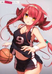 Rule 34 | 1girl, absurdres, ball, bare shoulders, basketball, basketball (object), basketball uniform, black shorts, black tank top, blush, braid, breasts, chestnut mouth, cleavage, cowboy shot, ezoshika, gradient background, grey background, hair ribbon, highres, jersey, kantai collection, kawakaze (kancolle), long hair, looking at viewer, low twintails, medium breasts, navel, parted lips, red hair, ribbon, scan, short shorts, shorts, sidelocks, solo, sportswear, sweat, tank top, twin braids, twintails, very long hair, white wristband, wristband