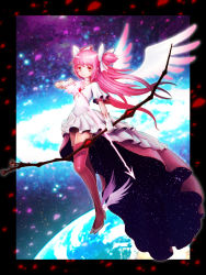 Rule 34 | 10s, 1girl, arrow (projectile), boots, bow, bow (weapon), choker, drawing bow, dress, gloves, hair bow, hair ribbon, holding, holding bow (weapon), holding weapon, kaname madoka, long hair, mahou shoujo madoka magica, mahou shoujo madoka magica (anime), pink footwear, pink hair, pink thighhighs, planet, ribbon, senkon, solo, thighhighs, two side up, ultimate madoka, weapon, white gloves, wings, yellow eyes, zettai ryouiki