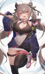 Rule 34 | 1girl, :d, absurdres, arm behind back, azur lane, badge, bare shoulders, baseball bat, black gloves, black nails, blue jacket, breasts, brown hair, button badge, cleavage, covered navel, fang, fingerless gloves, gloves, hair between eyes, hand up, highres, holding, holding baseball bat, jacket, large breasts, leg up, long hair, looking at viewer, messy hair, multicolored hair, nail polish, open clothes, open jacket, open mouth, over shoulder, partially unzipped, pink eyes, pink hair, red hair, san francisco (azur lane), shibuya (kurokamishain), skin fang, smile, smiley face, solo, standing, standing on one leg, streaked hair, thighhighs, thighs, twintails, two-tone hair, very long hair, weapon, weapon over shoulder