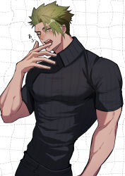 Rule 34 | 1boy, absurdres, achilles (fate), black pants, black shirt, cowboy shot, fate/apocrypha, fate (series), fingernails, green hair, haruakira, highres, large pectorals, male focus, mature male, muscular, muscular male, one eye closed, open mouth, pants, pectorals, ribbed shirt, shirt, short hair, short sleeves, single tear, solo, teeth, turtleneck, undercut, white background, yawning