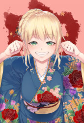 Rule 34 | 10s, 1girl, alternate hairstyle, atago (kancolle), blonde hair, breasts, floral print, green eyes, grin, hair bun, hair up, hand on own ear, highres, japanese clothes, kantai collection, kimono, large breasts, leaning forward, looking at viewer, pulling own ear, single hair bun, smile, solo, urigarasu