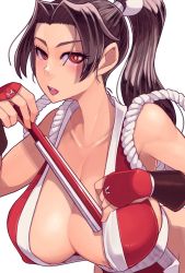 Rule 34 | 1girl, areola slip, breasts, brown hair, fatal fury, female focus, hand fan, highres, looking at viewer, misonou hirokichi, ninja, nipple slip, nipples, no bra, red eyes, shiranui mai, simple background, snk, solo, the king of fighters, covering with blanket, white background