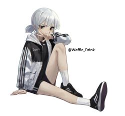 Rule 34 | 1girl, absurdres, adidas, arm support, bare legs, black footwear, black shirt, black skirt, borrowed character, brown eyes, closed mouth, commentary request, highres, jacket, korean commentary, long sleeves, looking at viewer, original, shirt, shoes, short ponytail, silver hair, simple background, skirt, smile, sneakers, socks, solo, twitter username, w, white background, white jacket, white socks, yoon cook