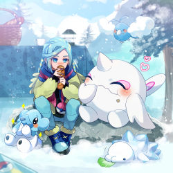Rule 34 | 1boy, basket, blue eyes, blue footwear, blush, boots, cetoddle, commentary request, creatures (company), cubchoo, cup, eating, food, game freak, gen 3 pokemon, gen 5 pokemon, gen 8 pokemon, green pants, grusha (pokemon), heart, highres, holding, holding food, jacket, long hair, long sleeves, male focus, nintendo, pants, pokemon, pokemon (creature), pokemon sv, rukito, scarf, sitting, snom, snow, snowing, striped clothes, striped scarf, swablu, table, tree, yellow jacket