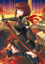 Rule 34 | 1girl, birdcage, black dress, black footwear, black thighhighs, boots, brown eyes, brown hair, cage, closed mouth, colored eyelashes, commentary request, dagger, detached sleeves, dress, fire, gauntlets, hair between eyes, highres, holding, holding dagger, holding knife, holding sword, holding weapon, ji dao ji, knife, long sleeves, looking at viewer, original, outdoors, pleated dress, sky, sleeveless, sleeveless dress, solo, stairs, standing, standing on one leg, stone stairs, sword, thigh boots, thighhighs, vambraces, weapon