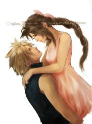 Rule 34 | 1boy, 1girl, aerith gainsborough, arms around neck, bare arms, bare shoulders, blonde hair, blue shirt, braid, braided ponytail, breasts, brilcrist, brown hair, carrying, carrying person, cloud strife, couple, dress, final fantasy, final fantasy vii, final fantasy vii remake, hair ribbon, hetero, instagram username, long hair, looking at another, medium breasts, parted bangs, parted lips, pink dress, pink ribbon, ribbon, shirt, short hair, sidelocks, sleeveless, sleeveless dress, sleeveless turtleneck, spiked hair, tumblr username, turtleneck, twitter username, upper body, white background