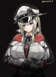Rule 34 | 1girl, absurdres, akasaka4005, black background, black gloves, blonde hair, breasts, capelet, cross, gloves, graf zeppelin (kancolle), hair between eyes, hat, highres, iron cross, kantai collection, large breasts, long sleeves, military, military uniform, necktie, peaked cap, purple eyes, sidelocks, solo, twintails, uniform, upper body