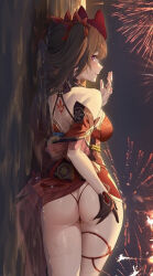 Rule 34 | 1girl, ass, ass grab, back tattoo, bare shoulders, black gloves, bow, breasts, brown hair, butterfly-shaped pupils, commentary request, dress, facial mark, fireworks, fox mask, gloves, grabbing own ass, hair bow, hand up, honkai: star rail, honkai (series), long hair, looking at viewer, looking back, lying, mask, mask on head, medium breasts, on liquid, on side, panties, parted lips, partially submerged, partially visible vulva, pink eyes, red dress, red panties, short dress, sideways, single glove, sleeveless, sleeveless dress, smile, solo, sparkle (honkai: star rail), symbol-shaped pupils, tattoo, thigh strap, thong, twintails, underwear, wet, yaomiaomiao