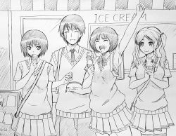 Rule 34 | 1boy, 3girls, :d, amagami, arm up, backpack, bag, blunt bangs, blush, bob cut, bow, bowtie, breasts, brother and sister, cheering, closed eyes, coin purse, commentary, crying, double scoop, dress shirt, eating, food, food on face, graphite (medium), greyscale, handbag, holding, holding bag, holding food, ice cream, ice cream cone, jishaku (user rcuz2843), kibito high school uniform, long hair, looking at another, looking to the side, monochrome, multiple girls, nakata sae, nanasaki ai, necktie, open mouth, pants, parted hair, pleated skirt, school bag, school uniform, shirt, shop, short hair, short sleeves, siblings, side-by-side, sign, single scoop, sketch, skindentation, skirt, small breasts, smile, standing, streaming tears, sweater vest, tachibana jun&#039;ichi, tachibana miya, tears, thighhighs, traditional media, triple scoop, twintails, zettai ryouiki