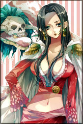 Rule 34 | 1girl, absurdres, amazon warrior, boa hancock, breasts, cape, cleavage, crop top, earrings, epaulettes, hand on own hip, head tilt, highres, jewelry, large breasts, long hair, long sleeves, looking at viewer, midriff, no bra, one piece, salome (one piece), sash, see-through border, snake, upper body, wide sleeves