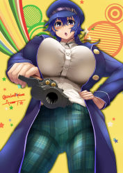 Rule 34 | 1girl, alternate breast size, arumat, blue eyes, blue hair, blue hat, blue jacket, breasts, cabbie hat, gun, hair between eyes, hat, highres, holding, holding gun, holding weapon, huge breasts, jacket, looking at viewer, open mouth, persona, persona 4, shirogane naoto, shirt, short hair, simple background, solo, star (symbol), weapon, white shirt, yellow background