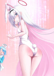 Rule 34 | 2girls, arona (blue archive), blue archive, blue hair, blue halo, blue shirt, blush, breasts, colored inner hair, fake eyelashes, fake tail, grey eyes, halo, highres, leotard, long hair, looking at viewer, looking back, multicolored hair, multiple girls, pink hair, plana (blue archive), playboy bunny, red halo, shirt, shiruppo, skirt, small breasts, solo, tail, very long hair, white hair, white leotard, white skirt