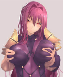 Rule 34 | 1girl, armor, blush, bodysuit, grabbing another&#039;s breast, breasts, breasts apart, deep skin, eyes visible through hair, fate/grand order, fate (series), gingami (giluziru), grabbing, grey background, hair between eyes, hair intakes, head tilt, long hair, looking at viewer, pauldrons, purple hair, red eyes, scathach (fate), shoulder armor, simple background, solo, solo focus, very long hair