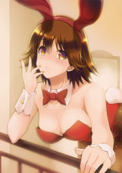 Rule 34 | 10s, 1girl, amari yuki, animal ears, arm support, bare arms, bare shoulders, bent over, bow, bowtie, breasts, brown eyes, brown hair, cleavage, detached collar, earrings, fake animal ears, female focus, honda mio, idolmaster, idolmaster cinderella girls, jewelry, large breasts, leaning forward, leotard, looking at viewer, nail polish, neck, pantyhose, parted lips, playboy bunny, rabbit ears, rabbit tail, red leotard, short hair, solo, strapless, strapless leotard, tail, wrist cuffs
