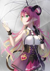 Rule 34 | 1girl, absurdres, bare shoulders, blonde hair, bow, breasts, carolrin, chest harness, commentary, demon girl, demon horns, demon tail, english commentary, frills, hair ornament, harness, headphones, headphones around neck, highres, holding, holding umbrella, hololive, horn bow, horn ornament, horns, long hair, mano aloe, multicolored hair, nail polish, pink hair, pink nails, pink skirt, pointy ears, rain, shirt, skirt, sleeveless, sleeveless shirt, solo, tail, thigh strap, transparent, transparent umbrella, two-tone hair, umbrella, virtual youtuber, wrist cuffs
