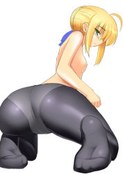 Rule 34 | 00s, 1girl, ahoge, artoria pendragon (all), artoria pendragon (fate), ass, bent over, black pantyhose, fate/stay night, fate (series), feet, flat chest, green eyes, looking back, namonashi, panties, panties under pantyhose, pantyhose, saber (fate), shiny clothes, simple background, soles, solo, topless, underwear