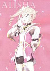 Rule 34 | 10s, 1girl, alisha diphda, armor, blonde hair, boots, character name, drill hair, garter straps, gauntlets, greaves, green eyes, grey footwear, hair ribbon, highres, long hair, official art, ribbon, shirt, short shorts, shorts, side ponytail, simple background, solo, tales of (series), tales of zestiria, thighhighs