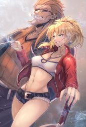 Rule 34 | 1boy, 1girl, bandeau, belt, black belt, blonde hair, braid, breasts, brown hair, brown shirt, cigarette, cleavage, cleavage cutout, clothing cutout, collarbone, commentary request, cowboy shot, cutoffs, denim, denim shorts, facial hair, fate/grand order, fate (series), fur trim, goatee, green eyes, grey background, grin, groin, hair ornament, hair scrunchie, highres, holding, holding cigarette, jacket, jewelry, long hair, long sleeves, medium breasts, midriff, mordred (fate), mordred (fate/apocrypha), mordred (memories at trifas) (fate), mouth hold, navel, necklace, ohako (ohako1818), open clothes, open jacket, planted, planted sword, planted weapon, ponytail, red jacket, red scrunchie, ribbed shirt, scar, scrunchie, shirt, shishigou kairi, short shorts, shorts, sidelocks, smile, smoke, standing, stomach, sunglasses, sword, thighs, weapon