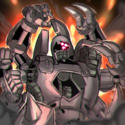 Rule 34 | ancient gear megaton golem, artist request, clenched hand, duel monster, gears, glowing, glowing eye, helmet, highres, holding, holding weapon, multiple arms, no humans, non-humanoid robot, robot, single eye, weapon, yu-gi-oh!