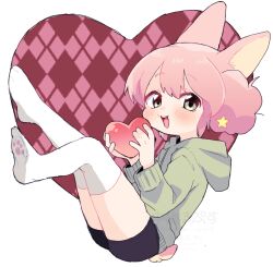 Rule 34 | 1girl, animal ears, black shorts, blush, commentary request, from side, full body, green eyes, green hoodie, heart, holding, hood, hood down, hoodie, legs up, long sleeves, looking at viewer, nakajima lupus, open mouth, original, paw print soles, pink hair, rabbit ears, rabbit girl, rabbit tail, short hair, short shorts, shorts, sitting, soles, solo, tail, teeth, thighhighs, upper teeth only, white thighhighs