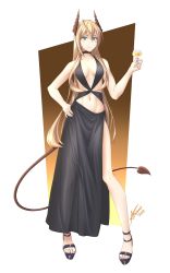 Rule 34 | 1girl, arazand, black dress, black footwear, blonde hair, blue eyes, breasts, cleavage, cleavage cutout, clothing cutout, cup, demon horns, demon tail, dress, drinking glass, hand on own hip, high heels, highres, holding, holding cup, horns, long hair, midriff, navel, original, tail, wine glass