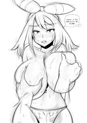 Rule 34 | 1girl, alternate breast size, arms behind back, bandana, blush, breasts, creatures (company), deep skin, english text, game freak, grabbing, grabbing another&#039;s breast, greyscale, highres, huge breasts, long hair, looking at viewer, may (pokemon), maydrawfag, monochrome, navel, nintendo, panties, pokemon, pov, short hair, solo focus, speech bubble, topless, underwear
