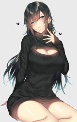 Rule 34 | 1girl, black hair, black sweater, blue eyes, blush, breasts, cleavage, hair between eyes, heart, highres, long hair, looking at viewer, meme attire, onineko-chan, open-chest sweater, original, parted lips, sitting, sleeves past wrists, solo, sweater