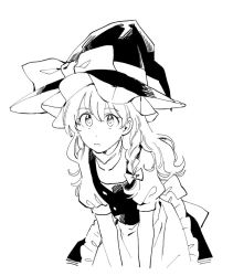 Rule 34 | 1girl, apron, black hat, black skirt, black vest, bow, braid, commentary request, greyscale, hair bow, hat, hat bow, kirisame marisa, leaning forward, long hair, monochrome, natsume (menthol), shirt, short sleeves, simple background, single braid, skirt, solo, touhou, upper body, vest, waist apron, white background, white shirt, witch hat
