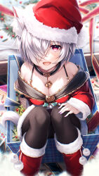 Rule 34 | 1girl, :d, absurdres, animal ear fluff, animal ears, bell, black collar, boots, box, breasts, cleavage, collar, commentary request, dress, fang, from above, gift, gift box, grey hair, hair over one eye, hasumi (hasubatake39), hat, highres, in box, in container, jingle bell, knee boots, kuon (hasumi (hasubatake39)), looking at viewer, medium breasts, neck bell, off shoulder, open mouth, original, pantyhose, pink eyes, purple nails, red dress, red ribbon, ribbon, santa hat, short hair, smile, solo