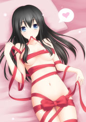 Rule 34 | 1girl, black hair, blue eyes, breasts, heart, highres, long hair, lying, mouth hold, naked ribbon, navel, nude, on back, original, ribbon, ricegnat, small breasts, solo, spoken heart