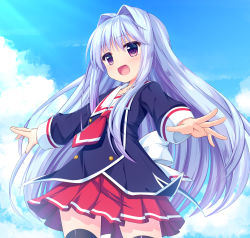 Rule 34 | 1girl, absurdres, black thighhighs, blue hair, blue sky, blush, buttons, cube x cursed x curious, day, fear kubrick, flat chest, highres, long hair, long sleeves, open mouth, pink eyes, pleated skirt, red neckwear, red skirt, school uniform, serafuku, skirt, sky, standing, taishuu high school uniform, takuma ss, thighhighs