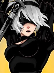 Rule 34 | 1girl, 2b (nier:automata), arms up, black blindfold, black dress, black hairband, blindfold, breasts, cleavage cutout, clothing cutout, commentary, dress, english commentary, facing viewer, hairband, highres, kayla speciale, medium breasts, mole, mole under mouth, nier:automata, nier (series), parted lips, puffy sleeves, short hair, solo, upper body, white hair, yellow background