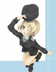 Rule 34 | 00s, 1girl, bad id, bad pixiv id, blonde hair, blue eyes, blush, boots, castle-yu, erica hartmann, hat, one eye closed, short hair, simple background, solo, strike witches, uniform, wink, world witches series