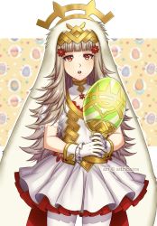 Rule 34 | 1girl, adricarra, animal ears, artist name, cleavage cutout, clothing cutout, cup, dress, easter egg, egg, fake animal ears, fire emblem, fire emblem heroes, flat chest, flower, gloves, chalice, grey hair, hair flower, hair ornament, highres, holding, long hair, nintendo, parted lips, rabbit ears, red eyes, short dress, solo, veronica (fire emblem), white gloves, white legwear