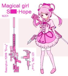 Rule 34 | 1girl, arms at sides, censored, censored text, character sheet, chibikki, choker, closed mouth, commentary, dot mouth, dot nose, dress, english commentary, frilled dress, frills, full body, gloves, gun, gun on back, highres, holding, holding gun, holding weapon, long hair, looking at viewer, magical girl, magical girl saki-hope (chibikki), original, pink choker, pink dress, pink eyes, pink footwear, pink gloves, pink hair, pink socks, pink theme, rifle, scope, short sleeves, sidelocks, simple background, sniper rifle, socks, solo, standing, submachine gun, swept bangs, tan background, thighhighs, twintails, two-tone background, weapon, weapon on back, white background