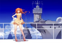 Rule 34 | 1girl, aircraft carrier, ask (askzy), bare arms, bare legs, blue eyes, breasts, brown hair, choker, cloud, contrapposto, day, dress, floating hair, full body, hand on own hip, high heels, legs, long hair, long legs, looking at viewer, mary janes, military, military vehicle, neon genesis evangelion, outdoors, ship, shoes, short dress, sky, small breasts, smile, solo, souryuu asuka langley, spaghetti strap, standing, su-33, sundress, warship, watercraft, wind, wind lift, yellow dress