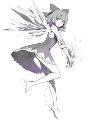 Rule 34 | 1girl, bare legs, barefoot, bow, cirno, closed mouth, dress, from side, full body, greyscale, hair bow, ice, ice wings, looking at viewer, monochrome, mx2j, panties, pantyshot, short dress, simple background, solo, touhou, underwear, white background, wings